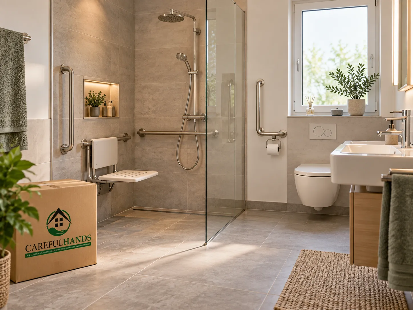 Barrierearmes Badezimmer mit bodengleicher Dusche und großzügiger Bewegungsfläche.