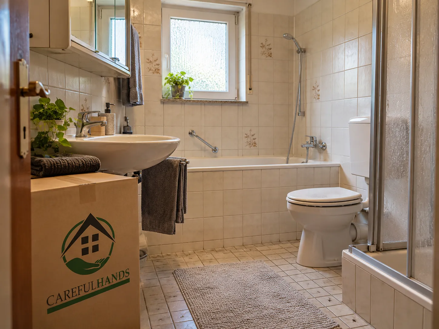 Badezimmer vor einer möglichen Wohnraumanpassung mit Badewanne, Dusche, WC und Waschbecken.