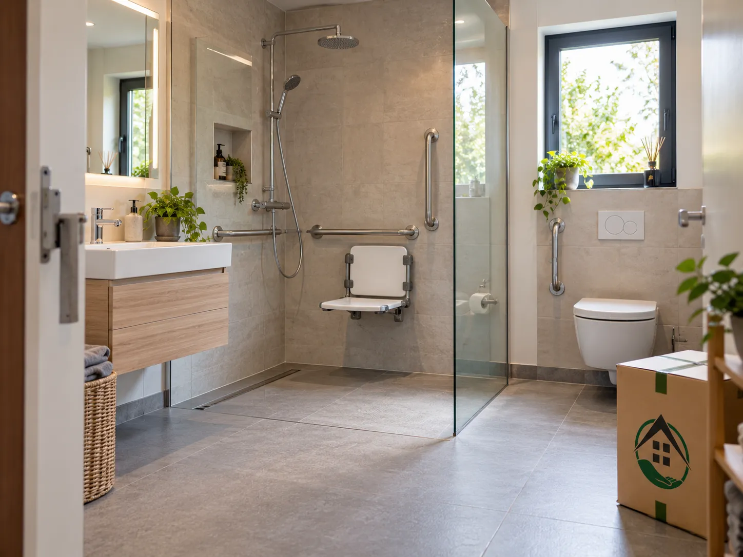 Modernisiertes Badezimmer mit bodengleicher Dusche, WC und gut zugänglichem Waschplatz.