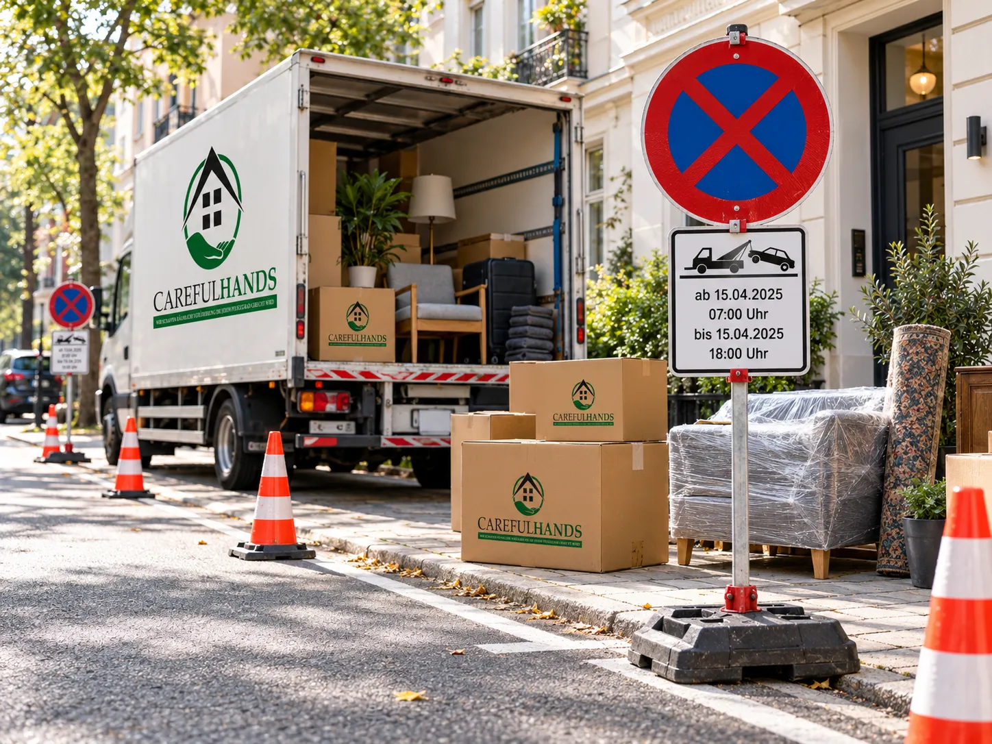 Careful-Hands-Umzugswagen an einer eingerichteten Halteverbotszone vor einem Wohnhaus.