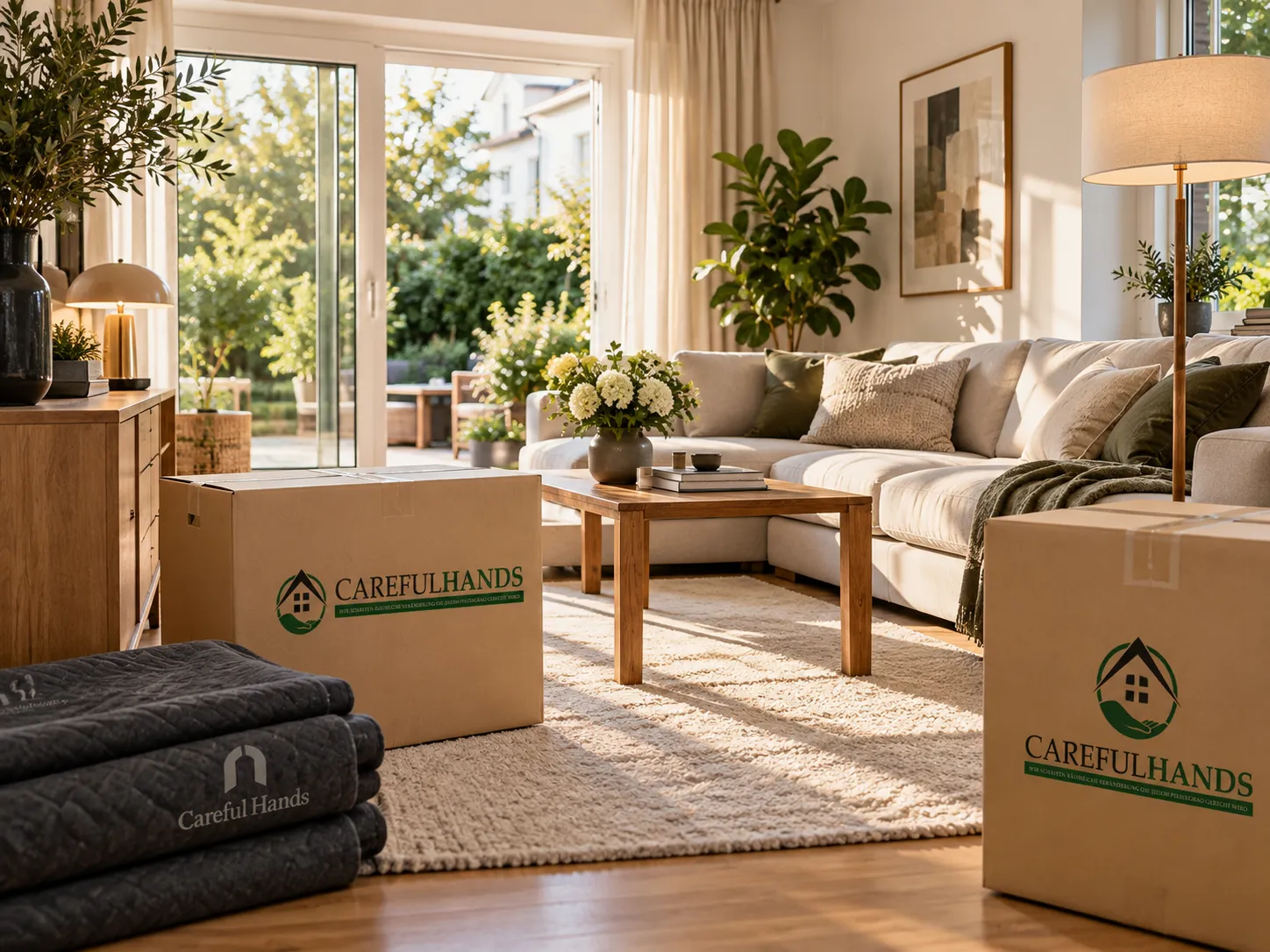 Gepackte Careful-Hands-Umzugskartons in einem eingerichteten Wohnzimmer.