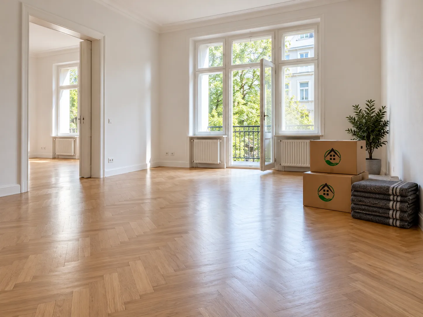Weitgehend geräumte Wohnung mit wenigen Careful-Hands-Umzugskartons.