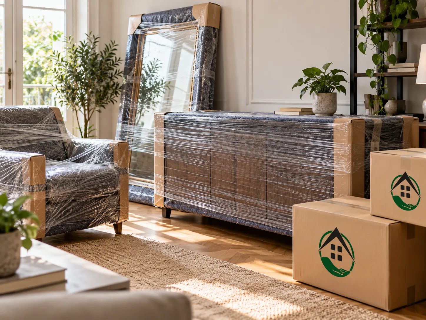 Für den Umzug geschützte Möbel und Careful-Hands-Umzugskartons in einem Wohnzimmer.