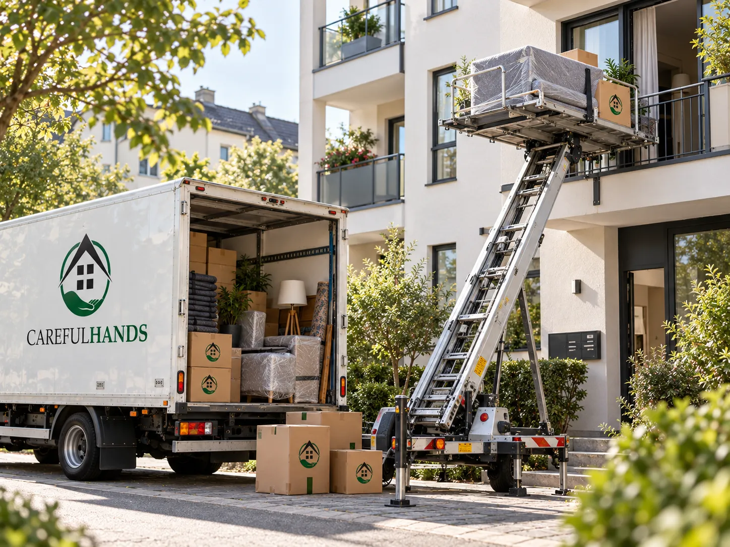 Möbellift am Balkon eines Wohnhauses neben einem Careful-Hands-Umzugswagen.
