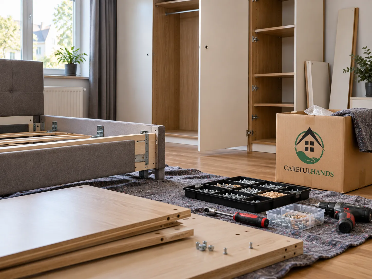 Schlafzimmer während der Möbelmontage mit Bettteilen, Werkzeug und Umzugskarton.
