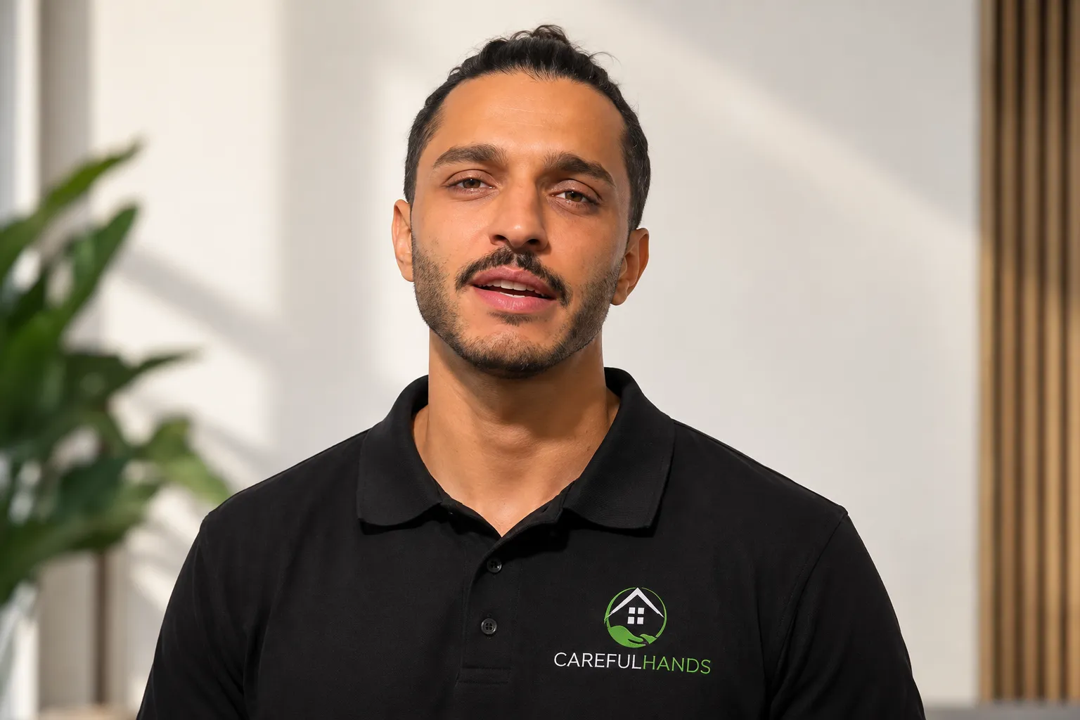 Porträt von Orhan Demirovic im Careful-Hands-Poloshirt.