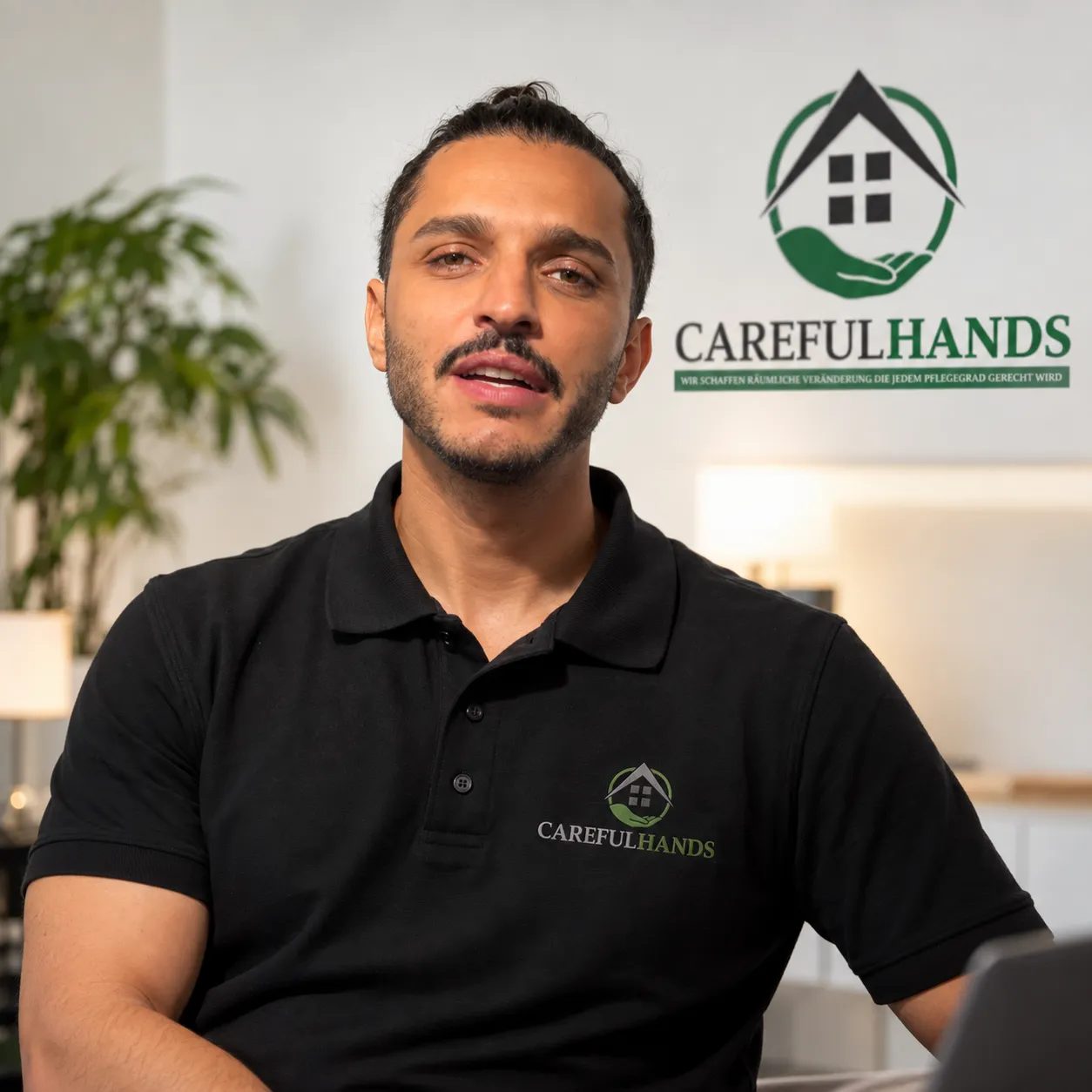 Orhan Demirovic, Geschäftsführer von Careful Hands, im Careful-Hands-Poloshirt.