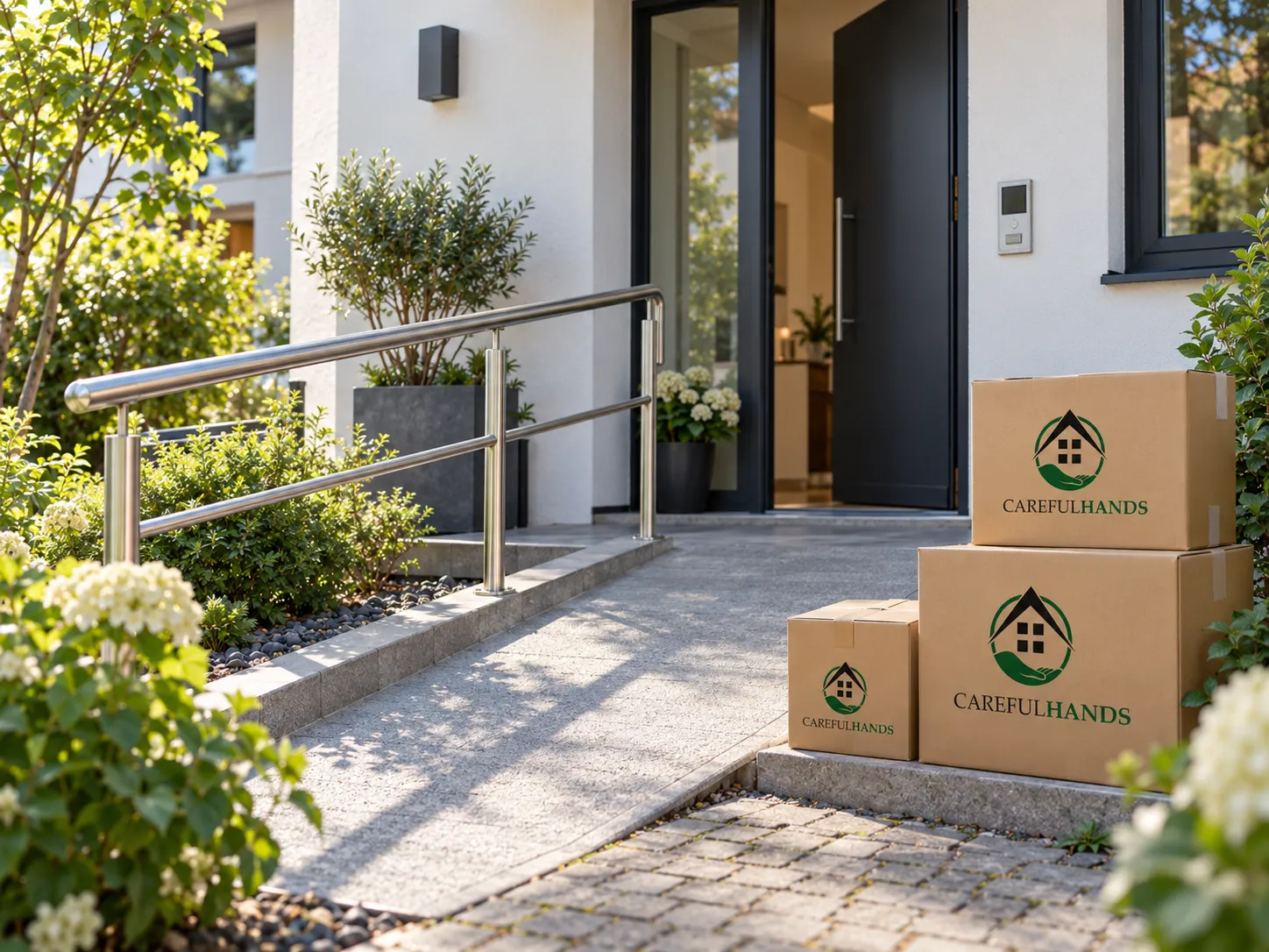 Careful-Hands-Umzugskartons vor einem Hauseingang mit barrierearmer Rampe.