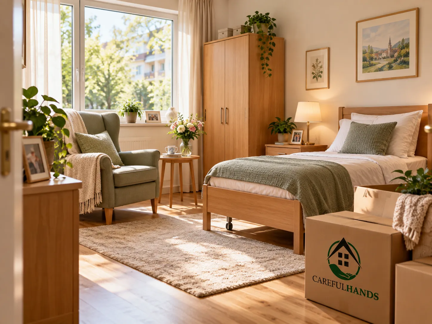 Helles Schlafzimmer mit großzügiger Bewegungsfläche und Careful-Hands-Umzugskarton.