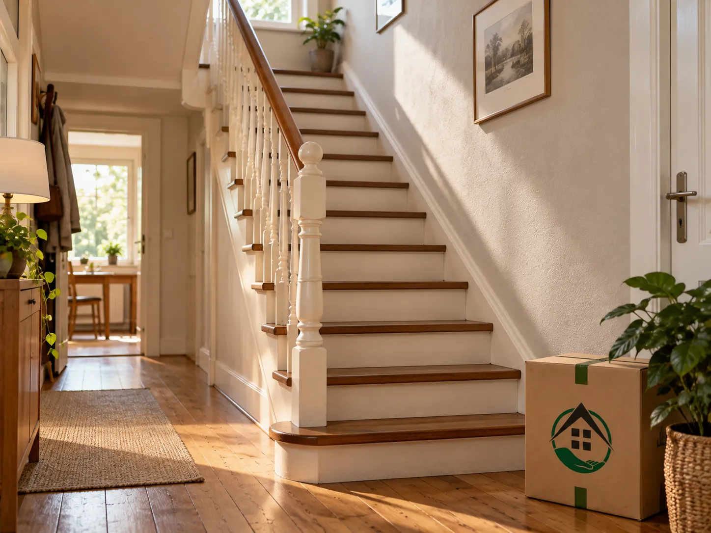Innertreppe in einem Wohnhaus mit Umzugskarton am Treppenansatz.