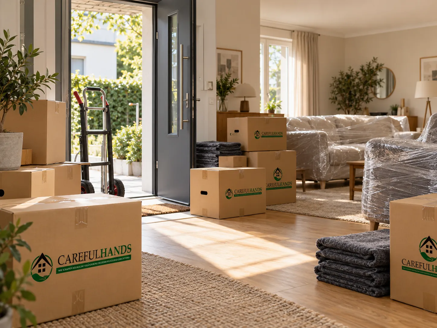 Wohnzimmer mit verpackten Möbeln und Careful-Hands-Umzugskartons während eines Umzugs.