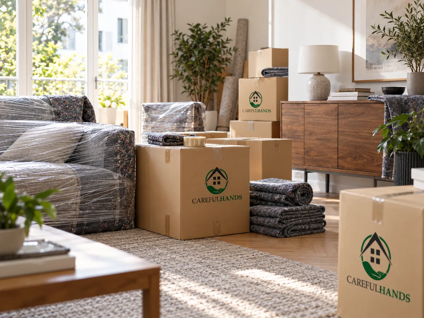 Wohnzimmer mit Sofa, geschützten Möbeln und Careful-Hands-Umzugskartons.