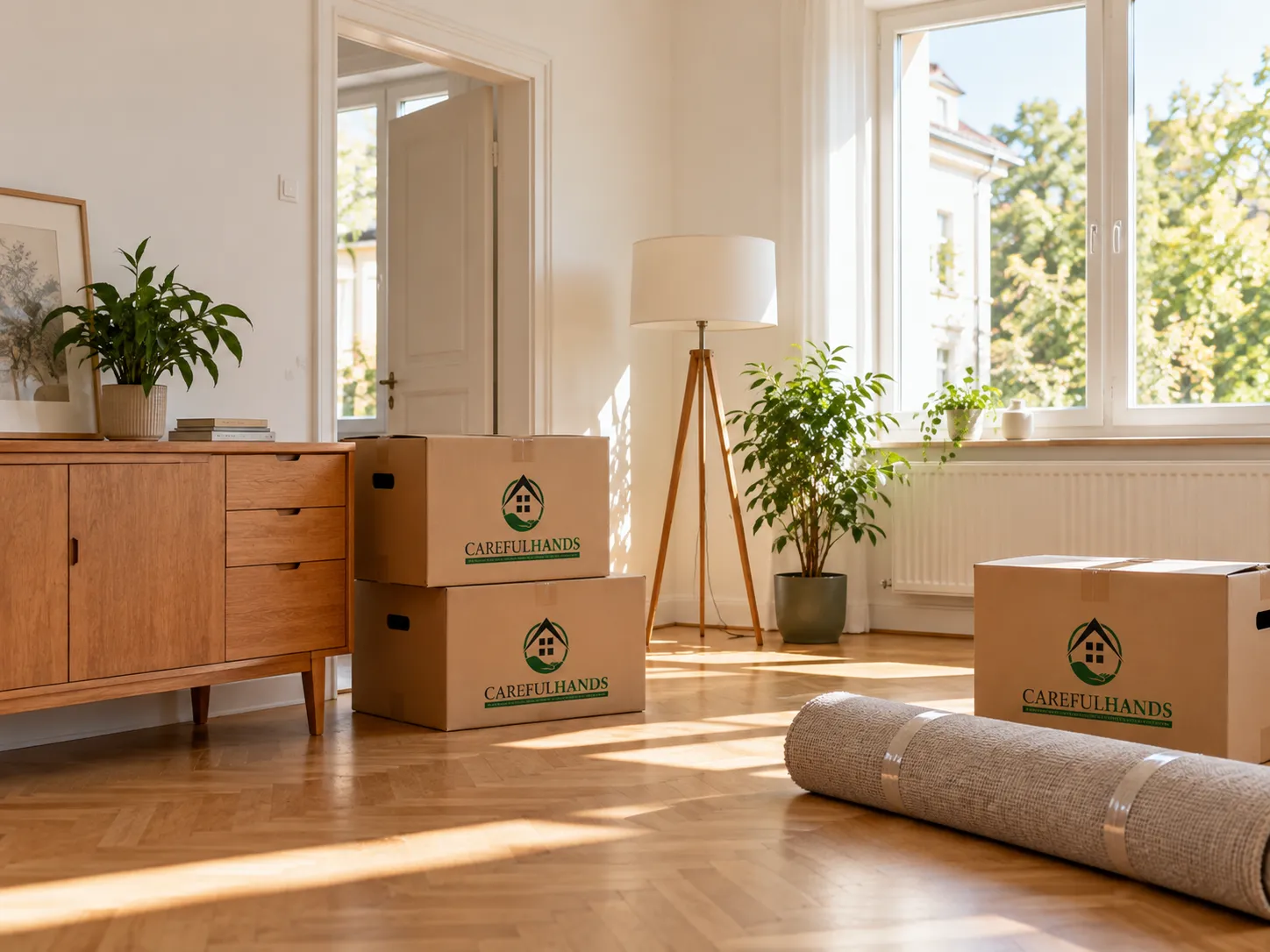 Wohnung mit gepackten Careful-Hands-Umzugskartons und eingerolltem Teppich.