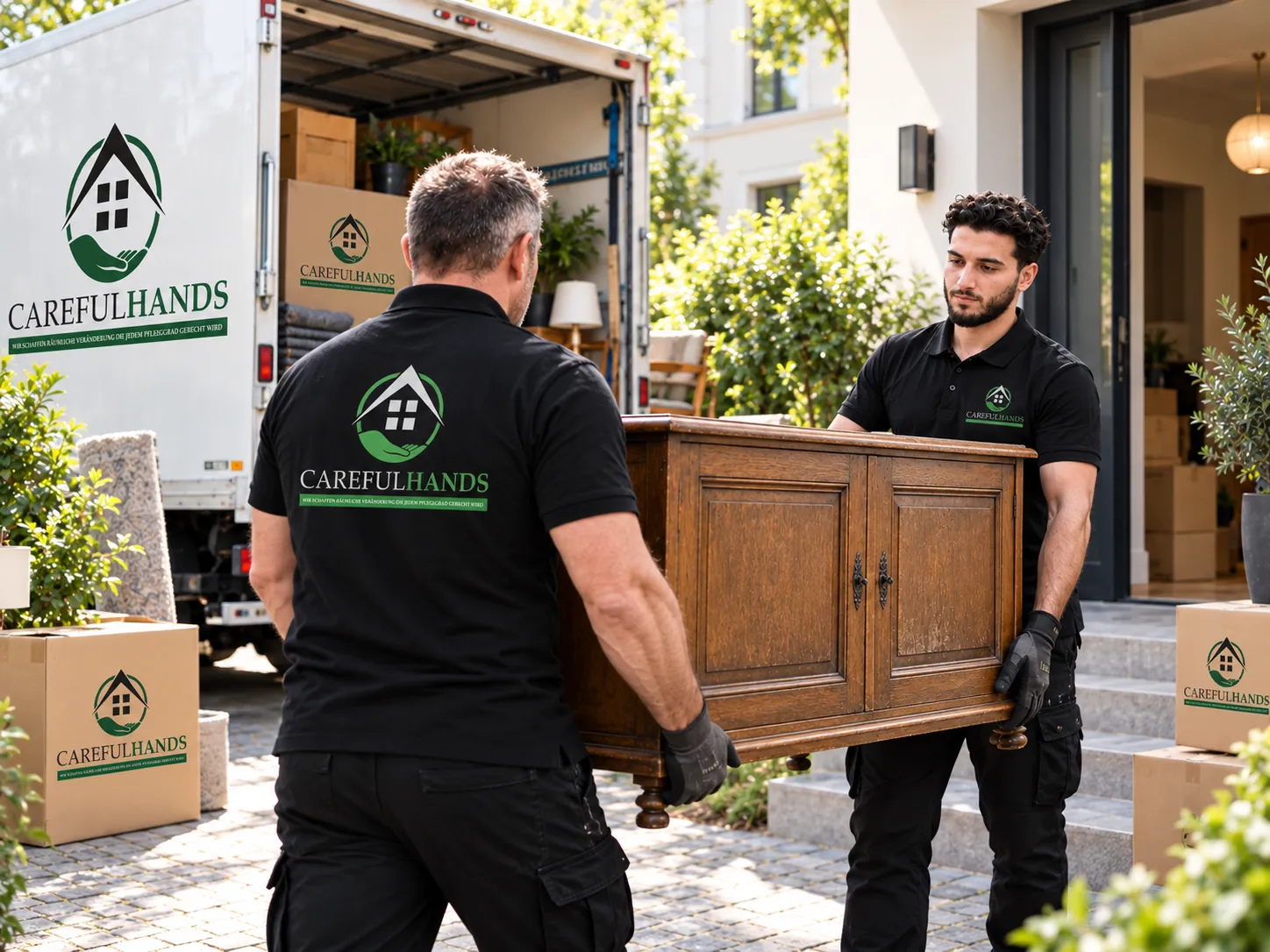 Zwei Careful-Hands-Umzugshelfer tragen gemeinsam ein Möbelstück aus einem Wohnhaus.