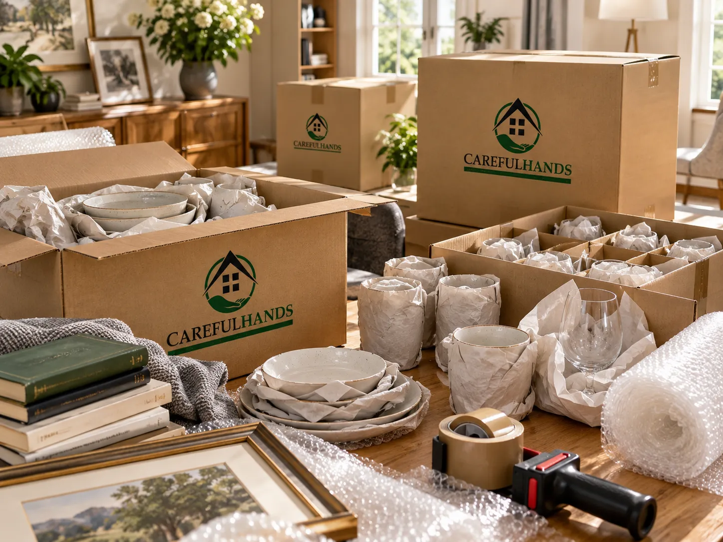 Verpackungsmaterial und Careful-Hands-Umzugskarton auf einem Tisch zur Vorbereitung eines Umzugs.