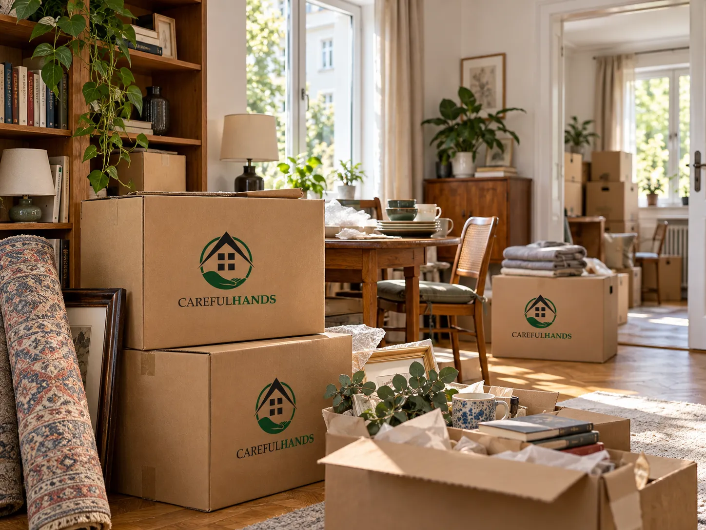 Wohnzimmer während des Packens mit Careful-Hands-Umzugskartons und Verpackungsmaterial.